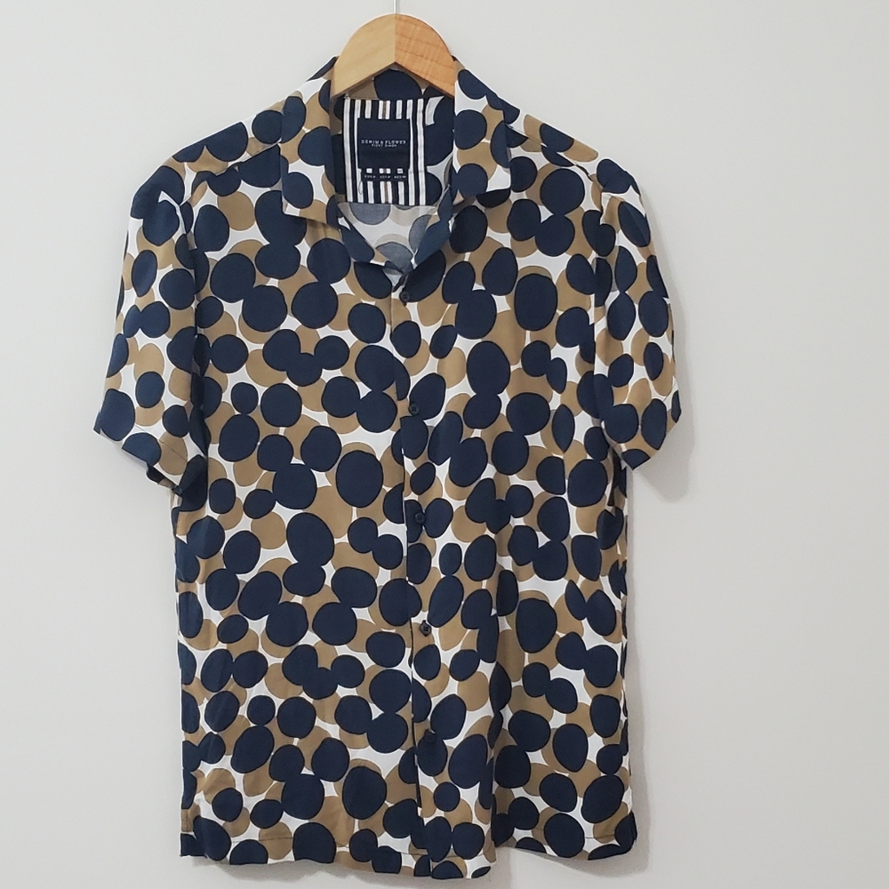 Denim & Flower Navy and Tan Polka Dot Short Sleeve Shirt Mens Medium